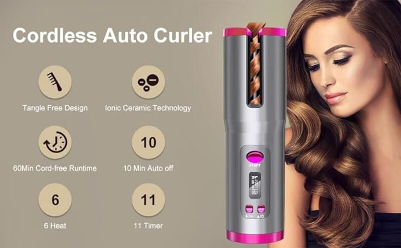 GStorm Hair Curler, Cordless Automatic Hair Curler, 6 Portable Adjustable Temperatures with LCD Display, Professional Curling Iron Advanced Ceramic Fast Heating, USB Rechargeable (HG800GST)